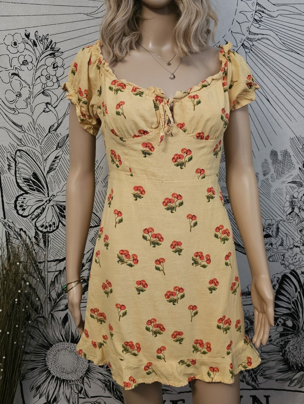 Urban Outfitters Yellow With Cherries Puff-Sleeve Summer Mini Dress Cotton